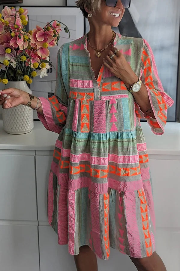 Split Neck Geometric Print Bell Sleeve Tiered A-Line Mini Dress