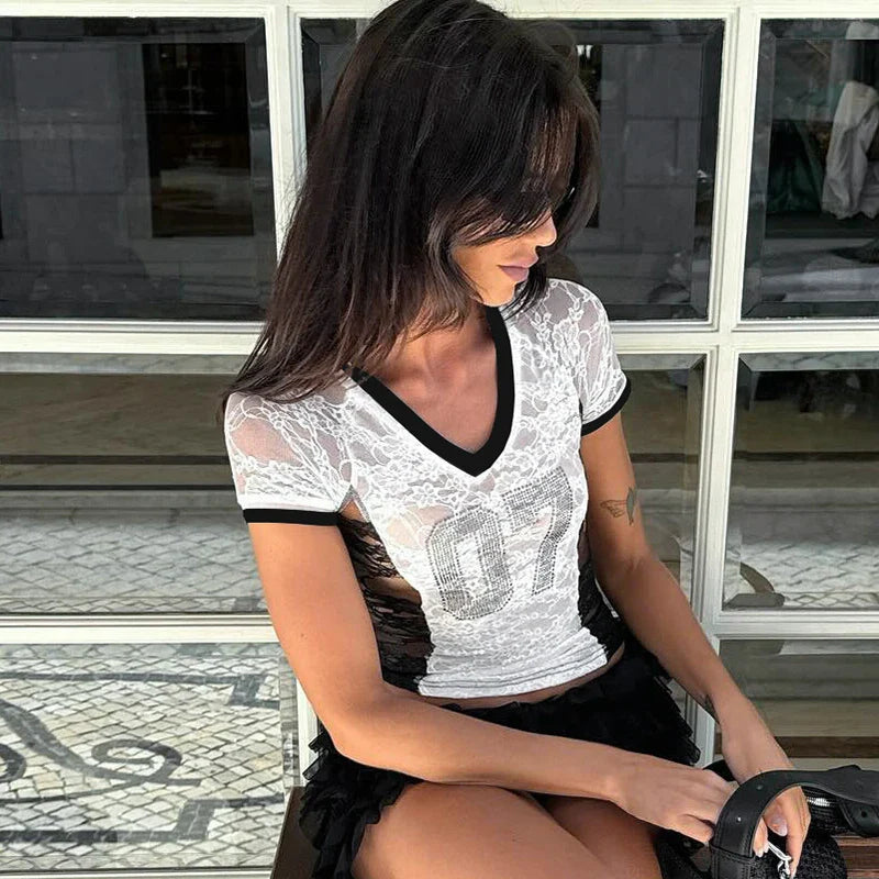 Rhinestone Vneck Patchwork Crop Top
