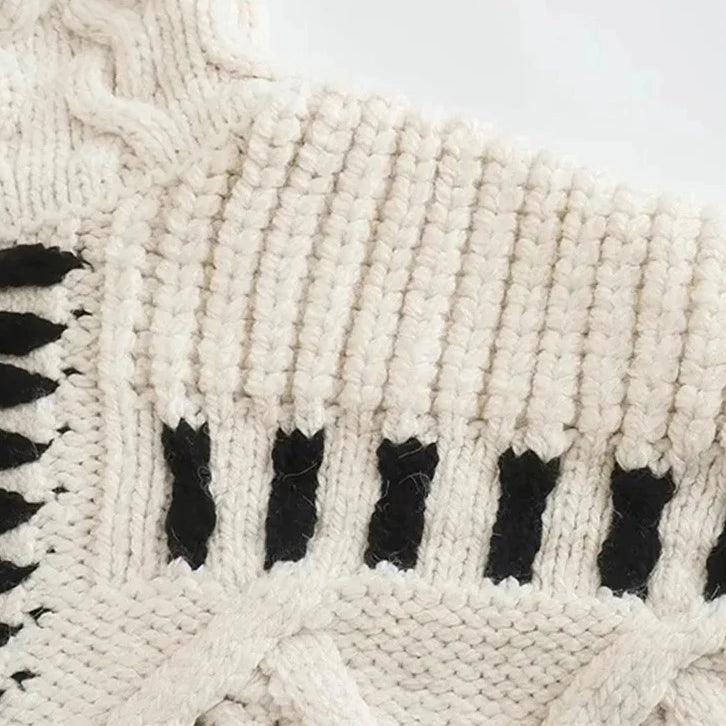 Beige Turtleneck Cable Knit Contrast Stitch Chunky Sweater