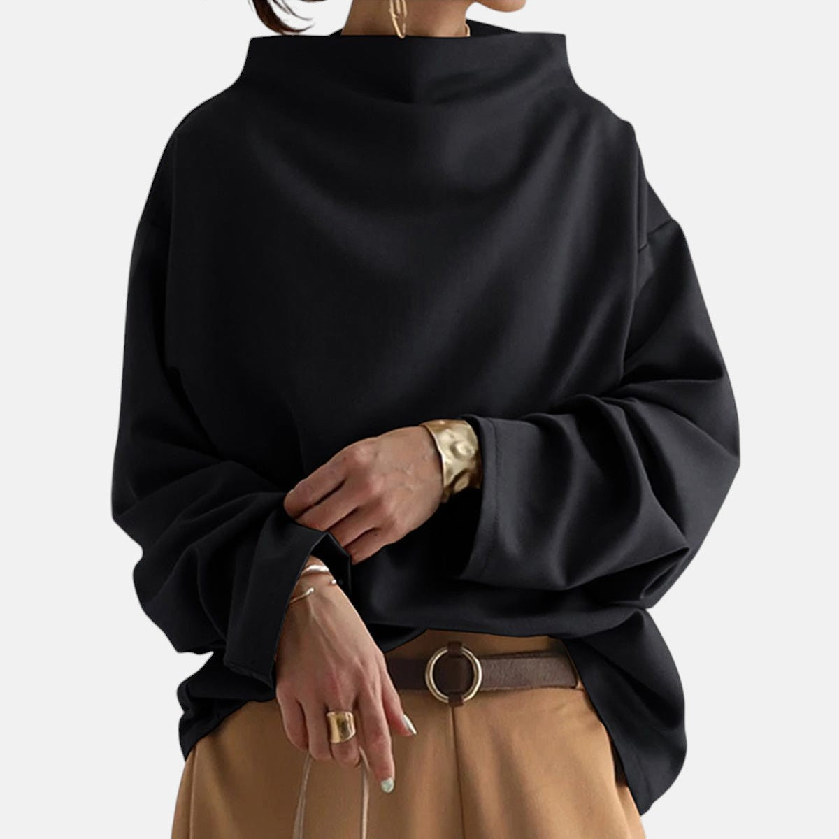 High Neck Drop Shoulder Oversized Long Sleeve Sweater