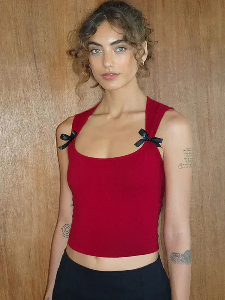Y2K Bow TieUp Tank Top Crop Top