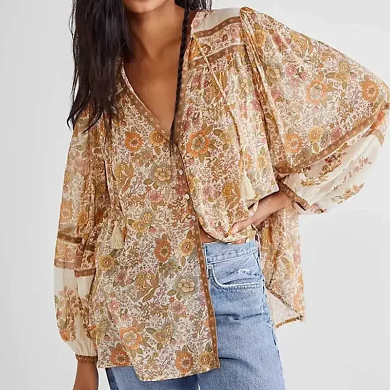 Super Chic Boho Floral Print Vneck Tassel Blouse