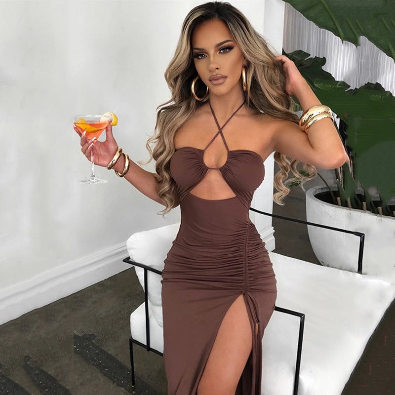 Halter Cutout Ruched Drawstring High Slit Bodycon Maxi Dress