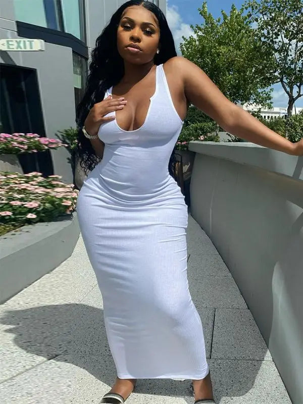 Ribbed Stripe Sleeveless Vneck Midi Dress