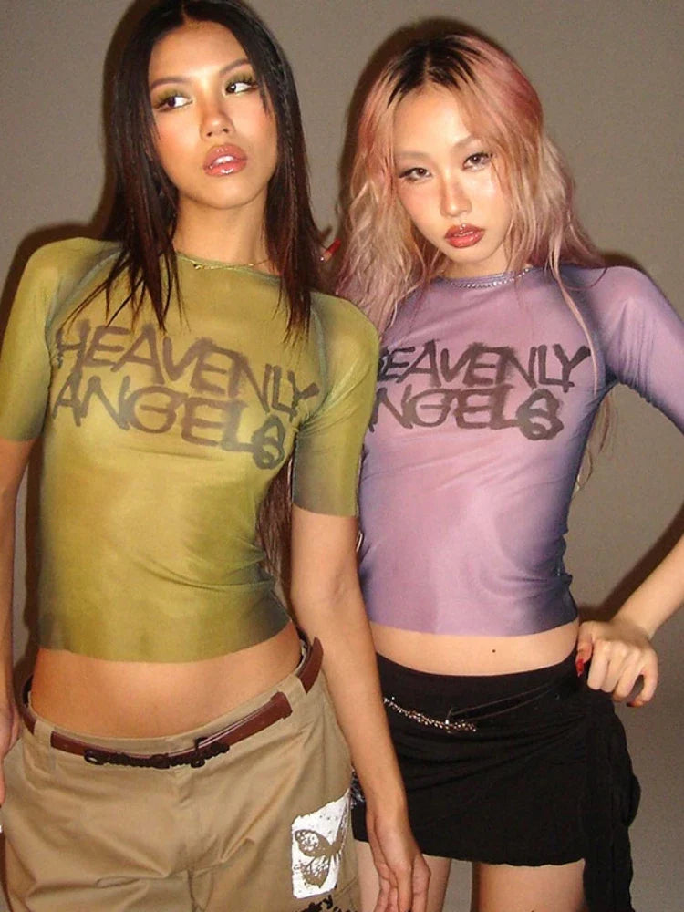 SeeThrough Letter Print Y2K Crop Top