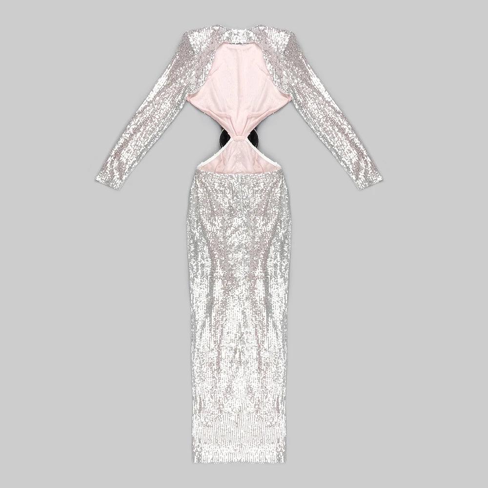 Silver Round Neck Long Sleeve Sequin Rosette Waist Cutout Maxi Dress 8