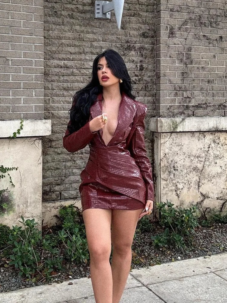 Women Sexy Deep V Red Lattice Leather Mini Dress Fashion Long Sleeve High Waist Fold Slim Dresses Lady Highstreet Short Robe