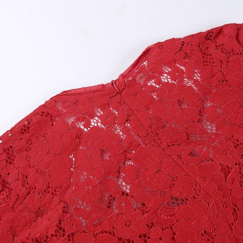 Red Sweetheart Neck Lace Long Sleeve Satin Bow Front A-Line Mini Dress