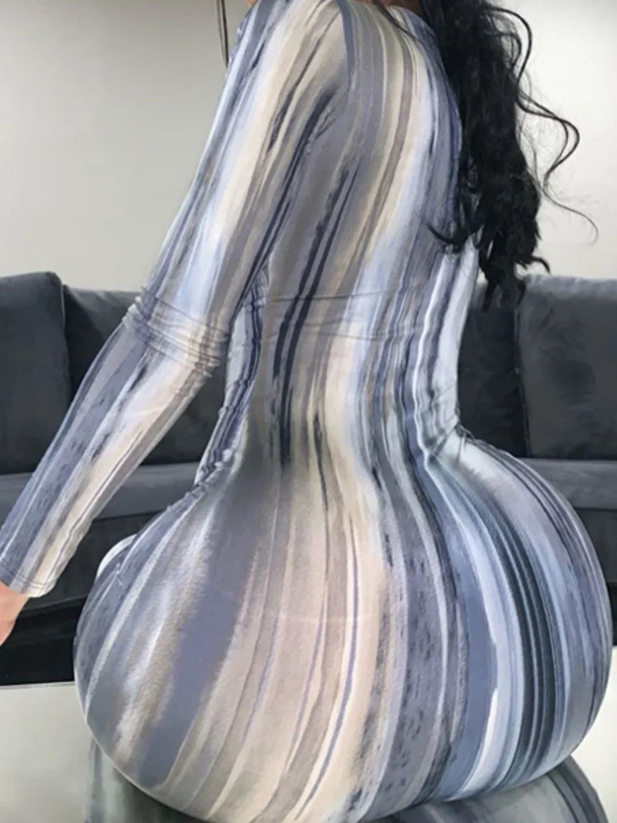U Neck TieDye Print Bodycon Midi Dress