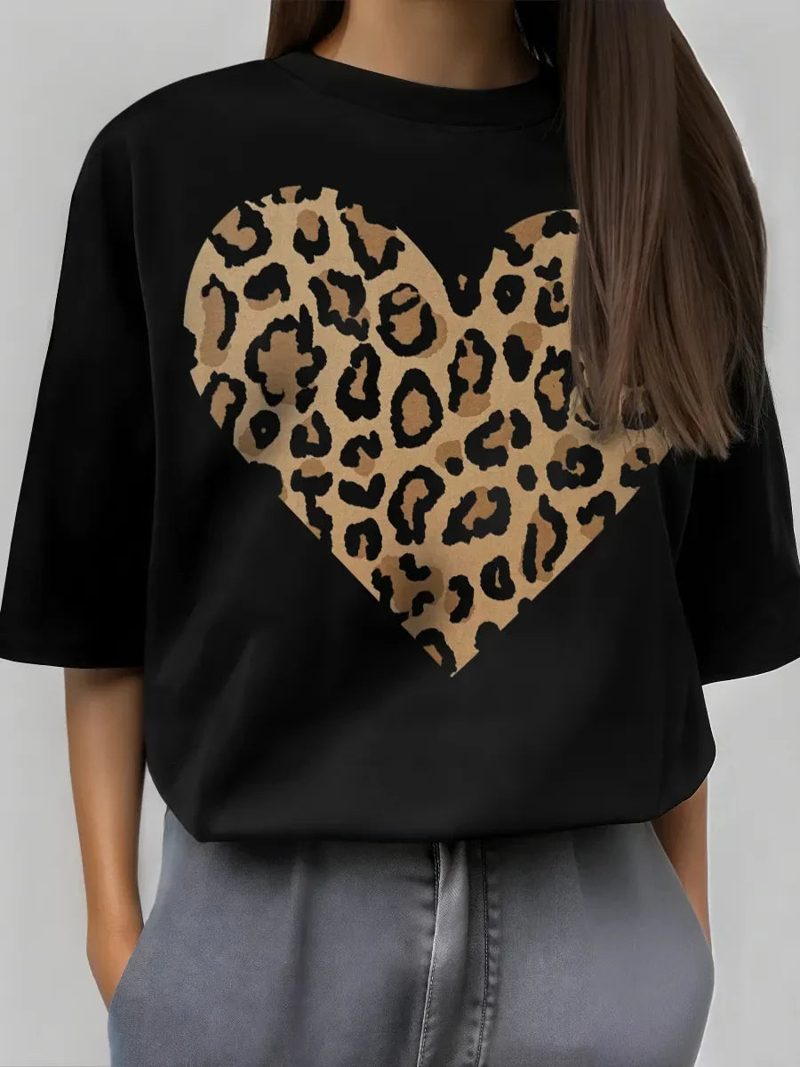 Leopard Heart Print Cotton Tshirt