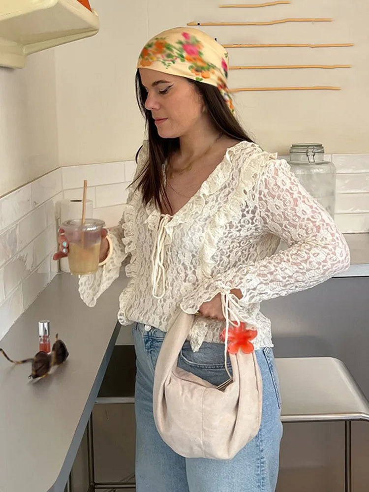 Women Spring Fashion Vneck Solid Lace Laminated Blouse