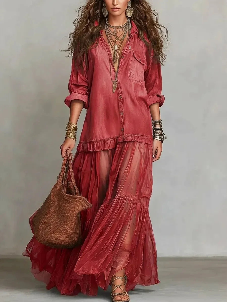 Collared Button Front Long Sleeve Denim Tulle Ruffle Maxi Dress 8