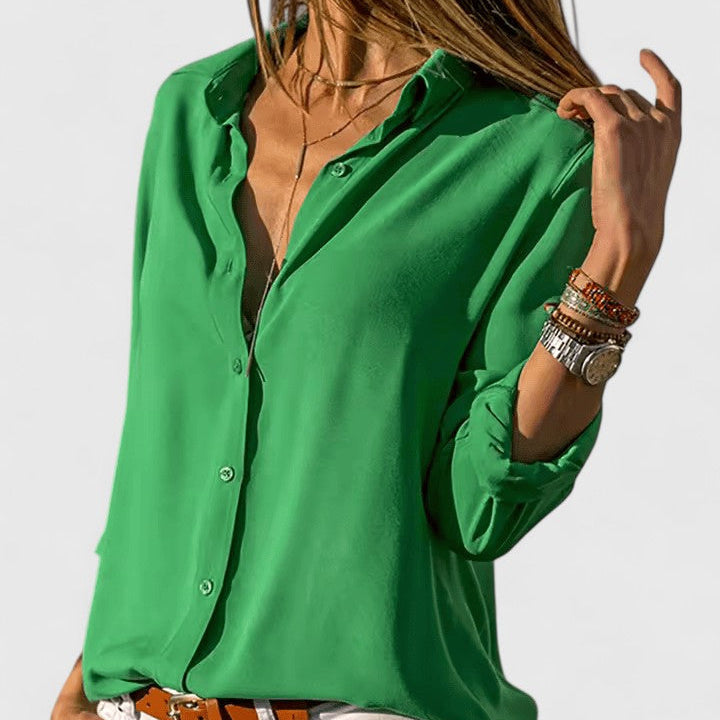 Collared Button-Front Long Sleeve Chiffon Blouse 2