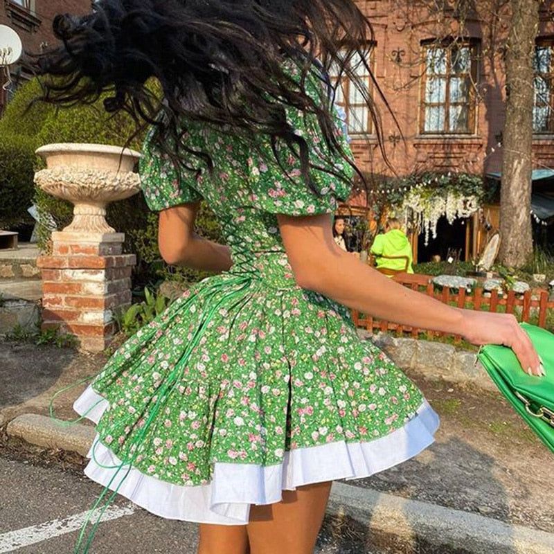 Green Ruffle Collar Puff Sleeve Floral Button Front Tiered Mini Dress