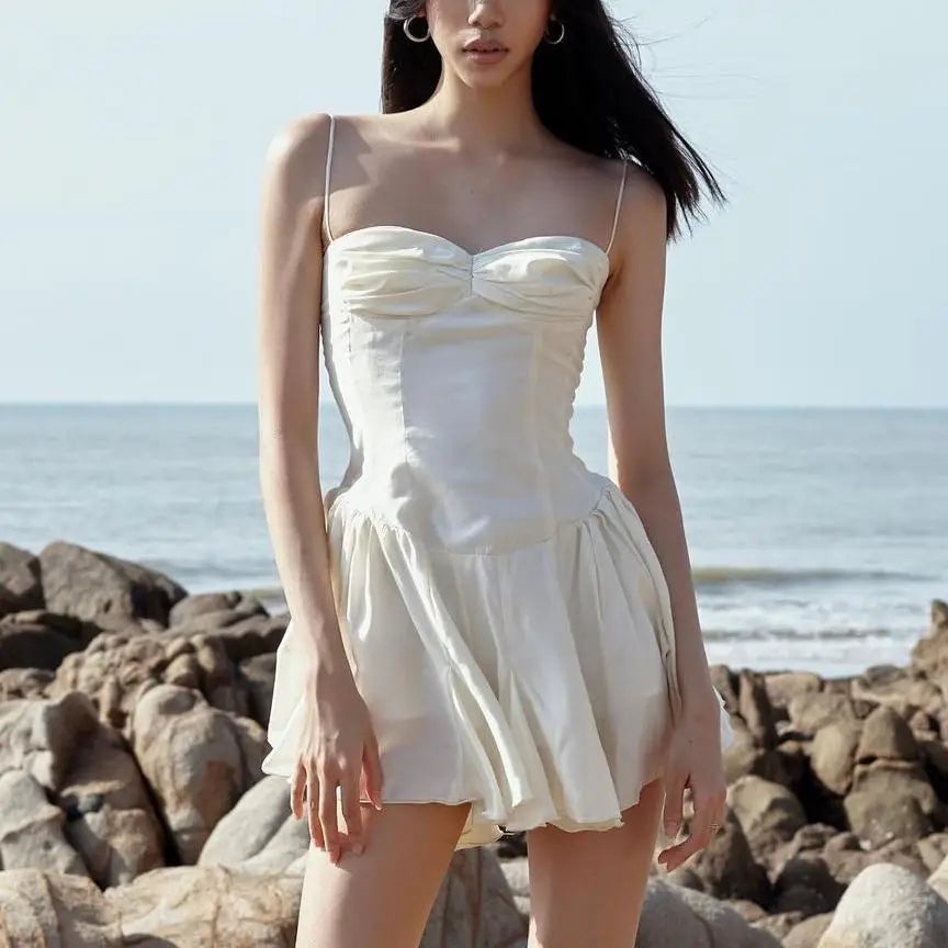 Ivory Spaghetti Strap Sweetheart Ruched Bubble Hem A-Line Mini Dress 5