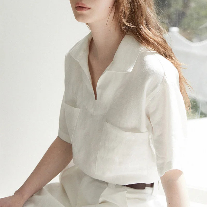 100% Linen Vneck Short Sleeve Blouse