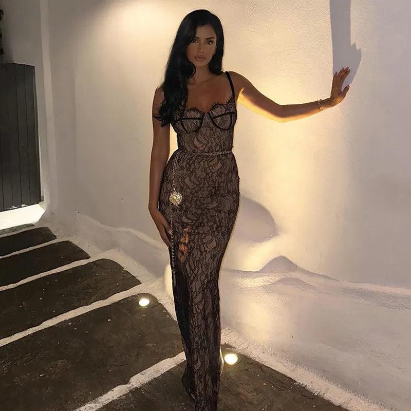 Spaghetti Strap Lace Underwire Chain Belt Bodycon Maxi Dress