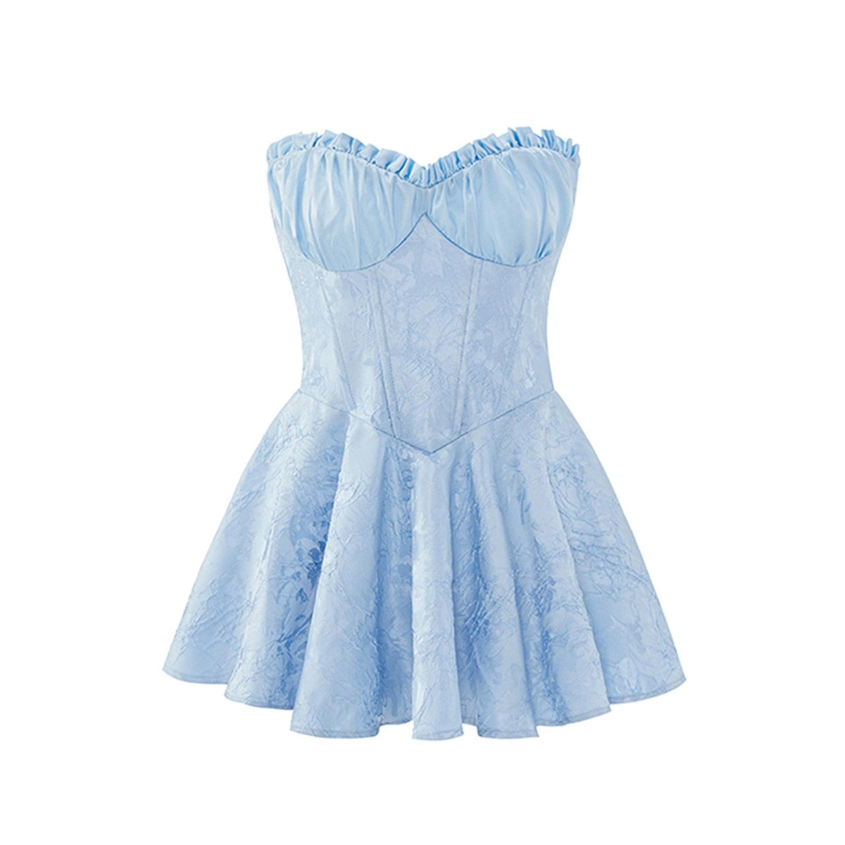 Strapless Ruffle Trim Corset Jacquard Flared Mini Dress