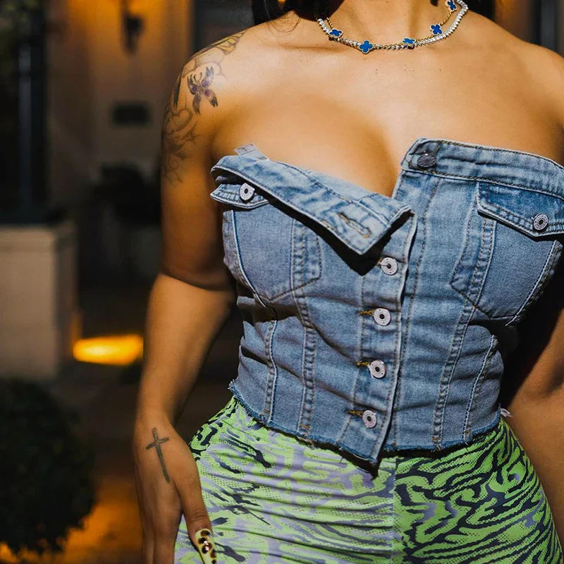 Pocket Button Denim Vest Strapless
