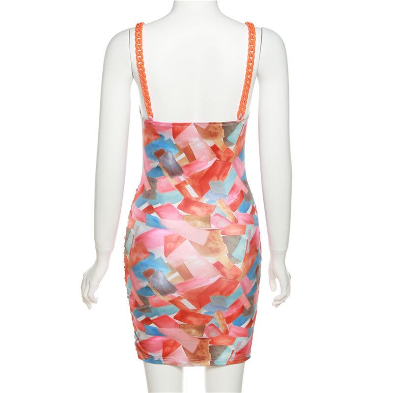 Sweetheart Neck Braided Strap Abstract Print Ruched Bodycon Mini Dress