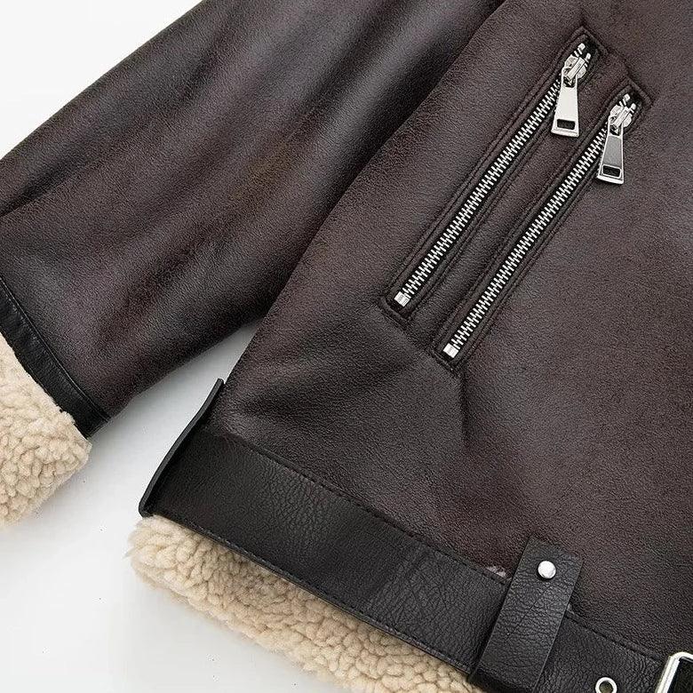 Brown Faux Shearling Lapel Leather Aviator Jacket