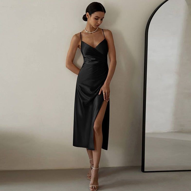 V-Neck Spaghetti Strap Ruched Satin High Slit Midi Dress