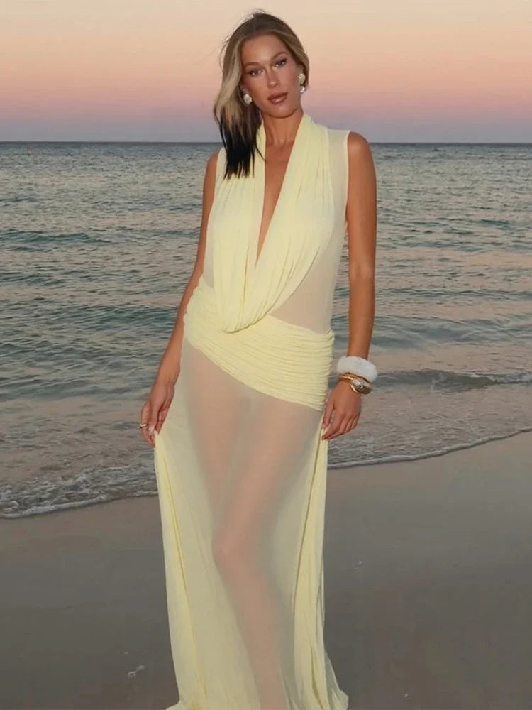Pleated Patchwork Sleeveless Maxi Dress