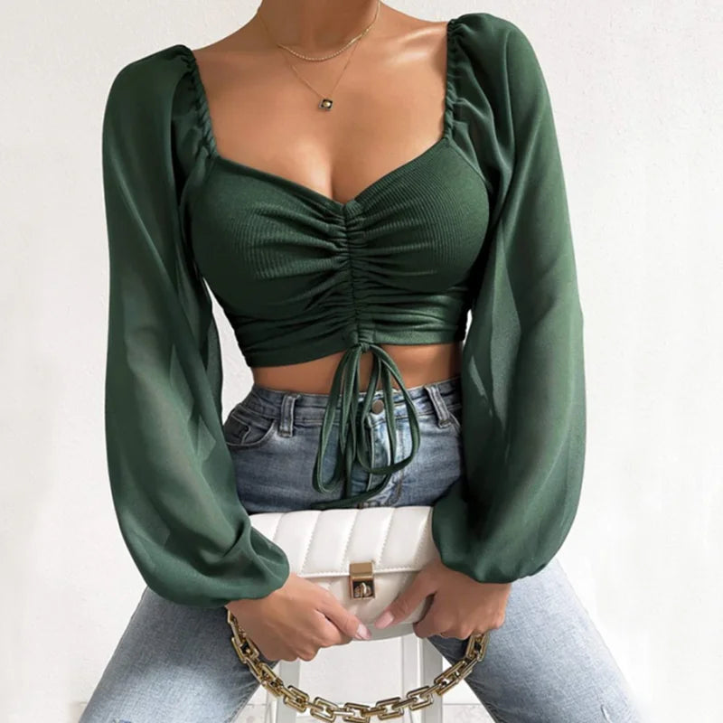 VNeck Drawstring Bandage Sheer Top