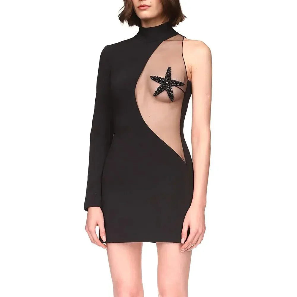 Black Mock Neck One Sleeve Starfish Patch Mesh Cutout Bodycon Mini Dress