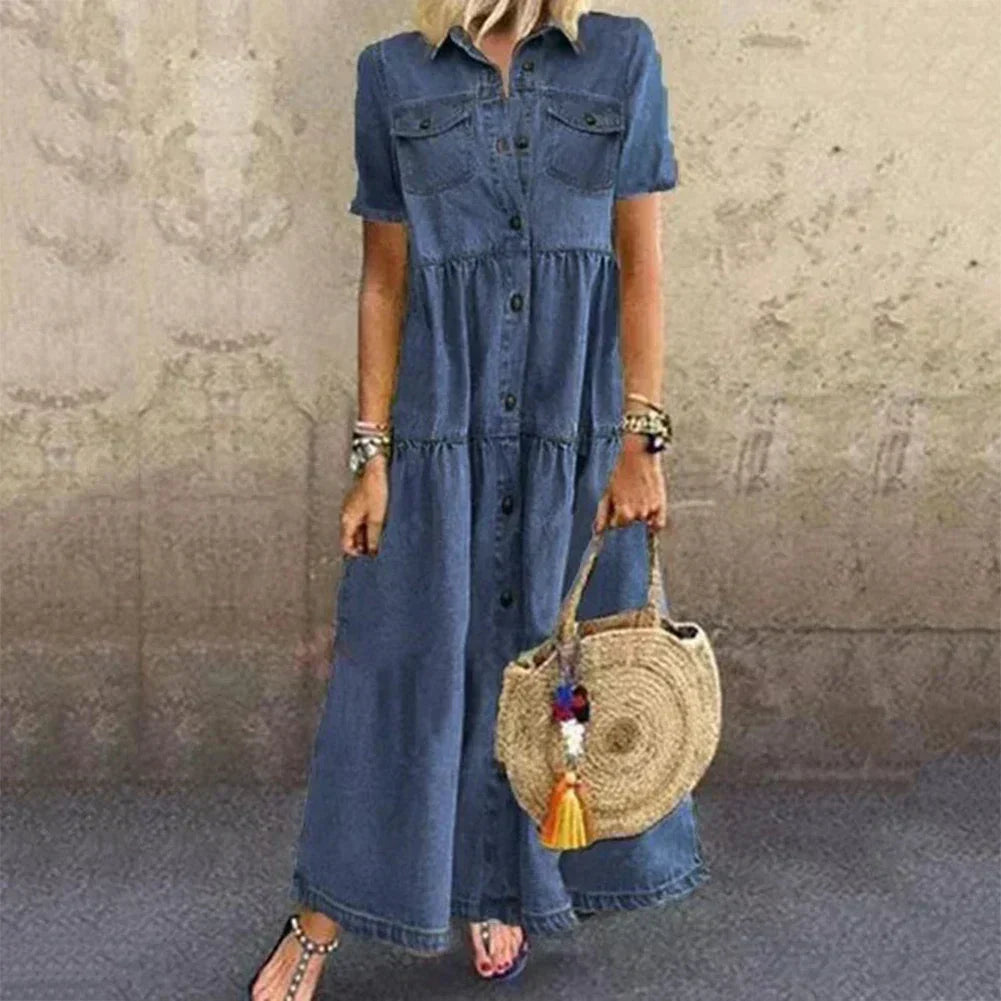 Collared Button Front Denim Short Sleeve Tiered A-Line Maxi Dress