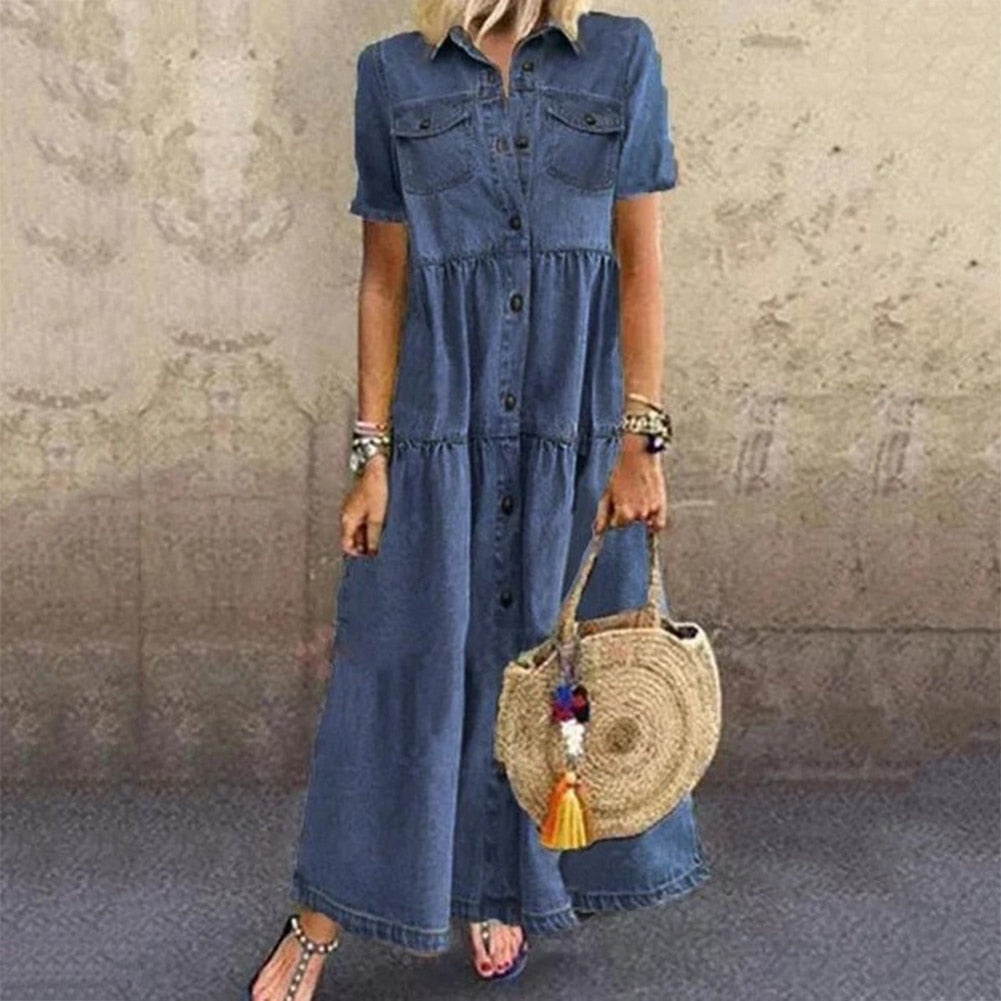 Soledad Minimalist Chic Denim Maxi Dress Silhouette Collection