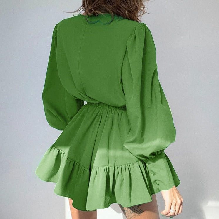 Round Neck Puff Sleeve Gathered Waist Ruffle Hem Mini Dress 4