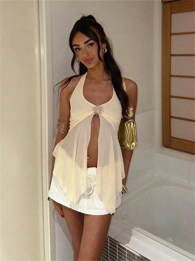 TieBack Patchwork Mesh Tank Sheer Top