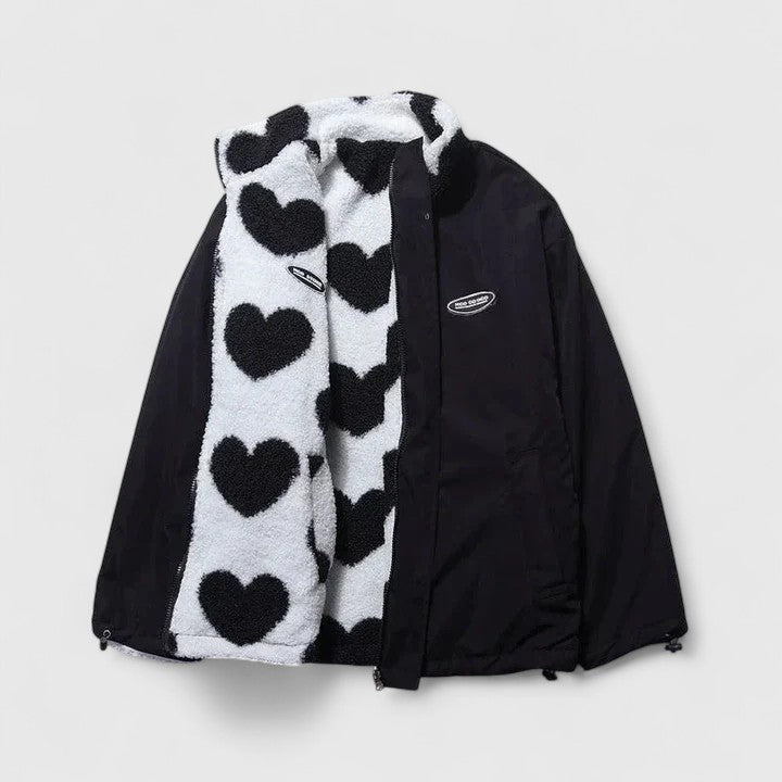 Stand Collar Heart Print Zip-Front Fleece Jacket