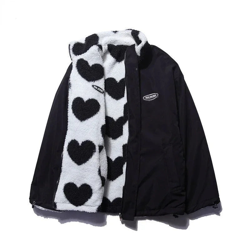 Stand Collar Heart Print Sherpa Fleece Zip Front Jacket
