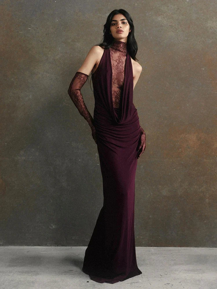Turtleneck Pleated Gloves Backless Lace Dress