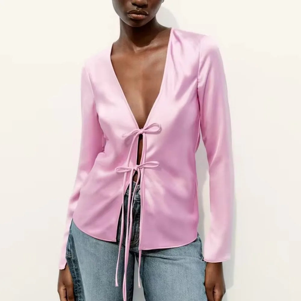 Women's Fashion Vneck Tie Up Bow Silk Satin Blouse