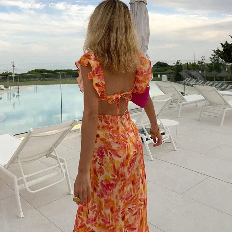 Sofía Minimalist Orange Summer Dress with Ruffles Evening Wear Edit