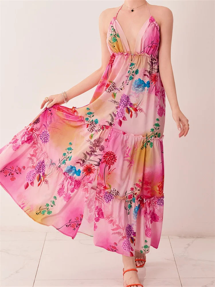 Retro Print Backless Vneck Midi Dress