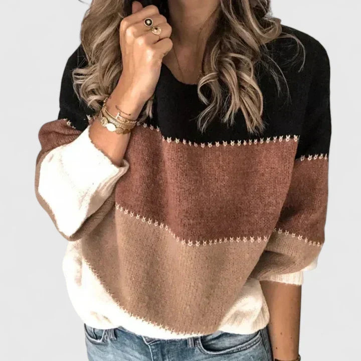 Round Neck Color Block Stripe Knit Drop Shoulder Sweater