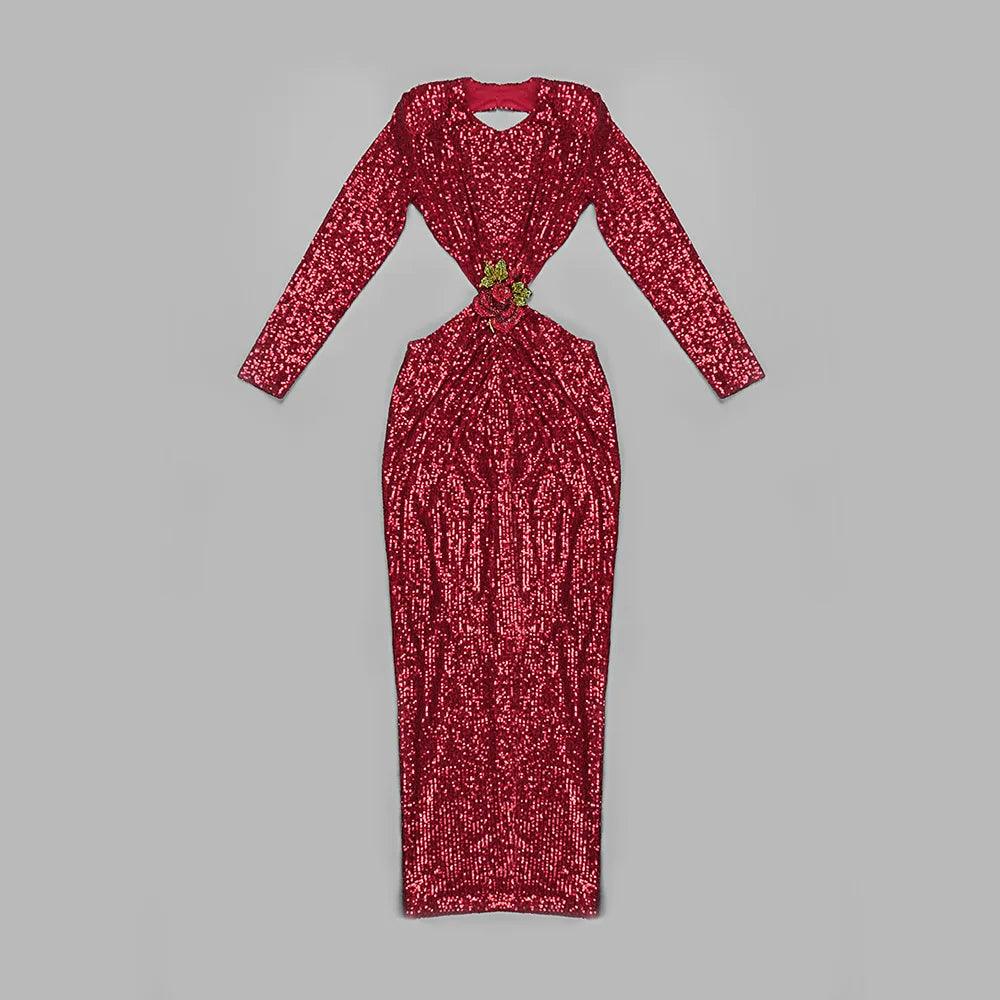 Round Neck Long Sleeve Sequin Cutout Rose Applique Maxi Dress