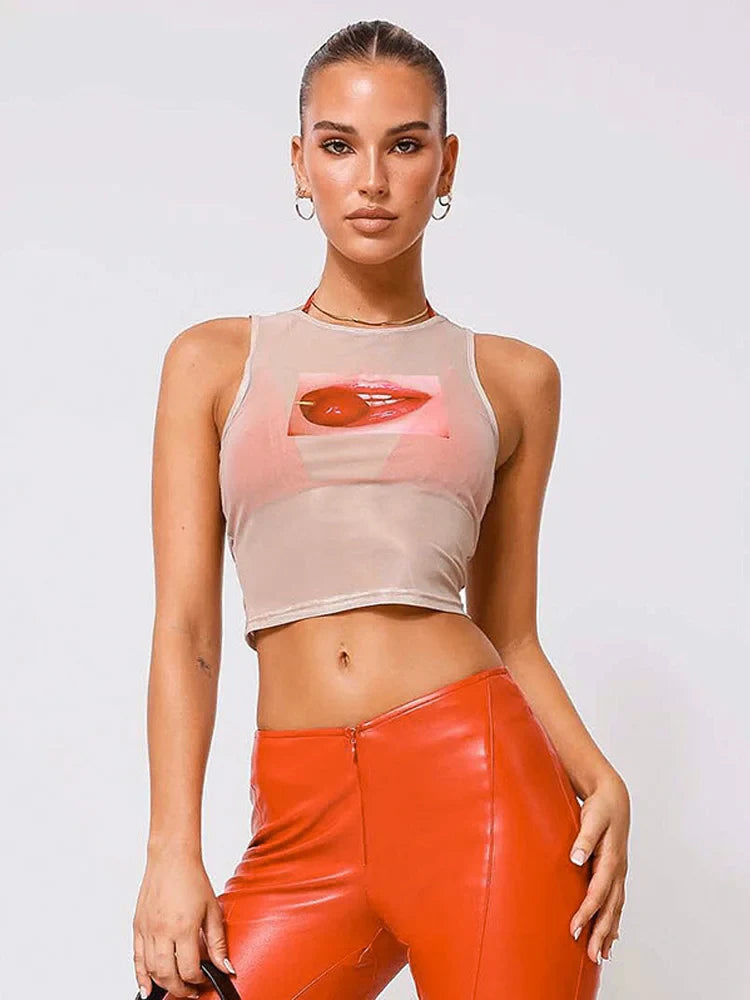 Sleeveless Cute ONeck Sheer Top