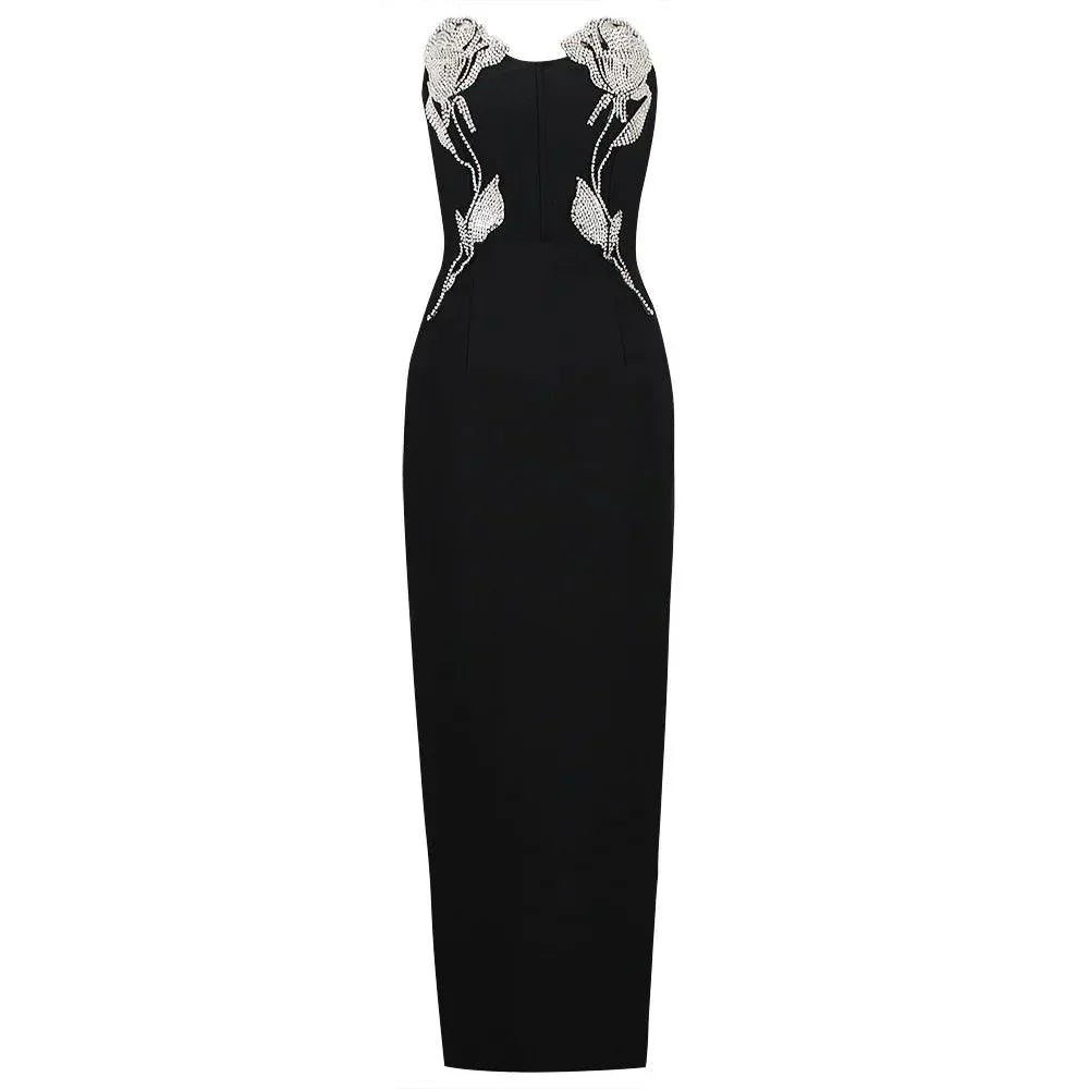 Black Strapless Crystal Rose Embroidered High Slit Corset Maxi Gown