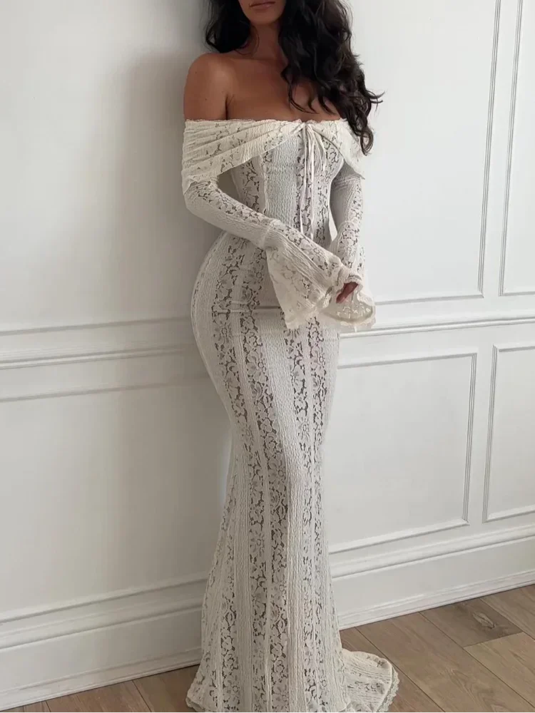Sexy Hollow Out Lace Maxi Dress Female Backless See Through Slim Lace Up Bandeau Dress Women's White Luxury Long Dress