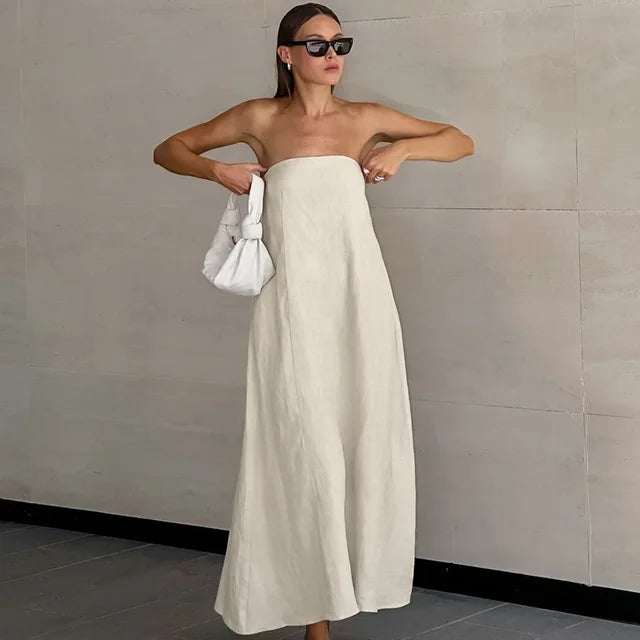 Daria Khaki Linen A-line Dress with Pockets for Women Easy Wear Style