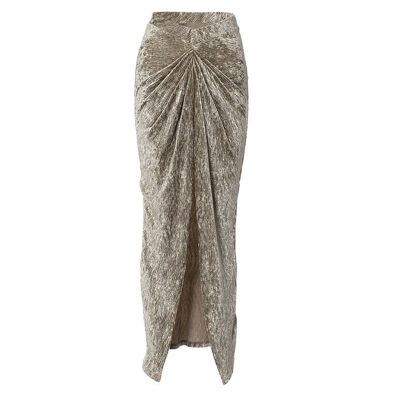 Pleated Velvet High Waist Twist High Split Party Skirt