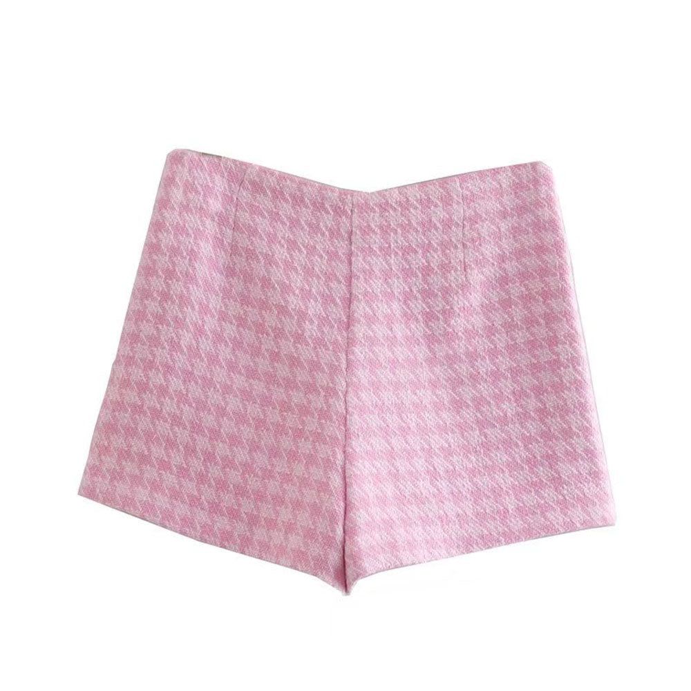 Pink Double Breasted Houndstooth Tweed Crop Blazer Mini Skirt Set