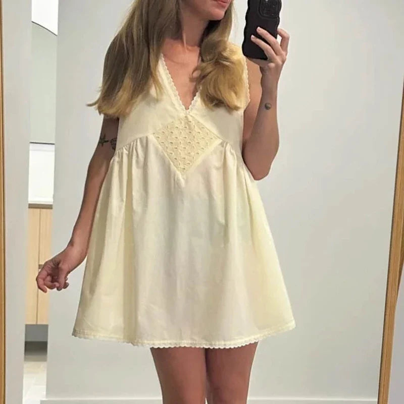 Lace Trim V Neck Flowy ALine Mini Dress