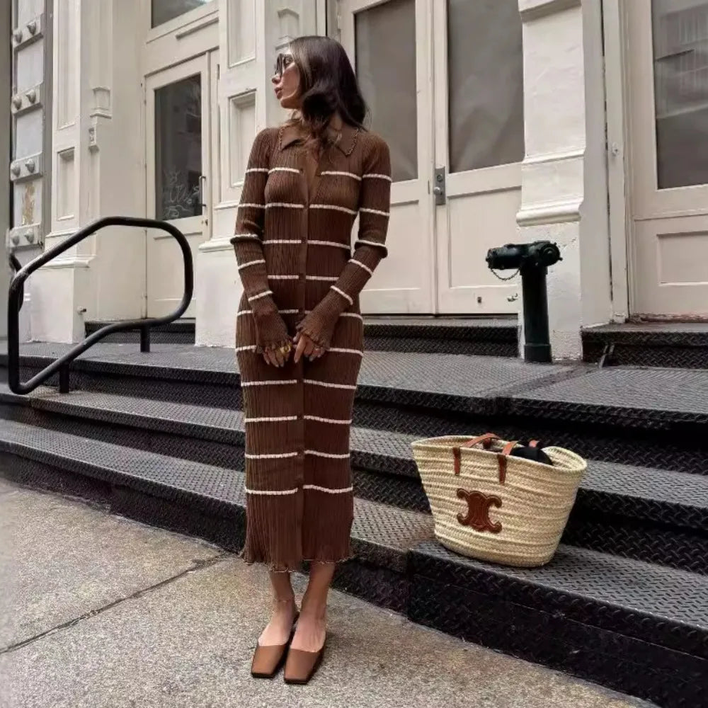 Victoria Elegant Brown Striped Dress with Premium Everyday Styling
