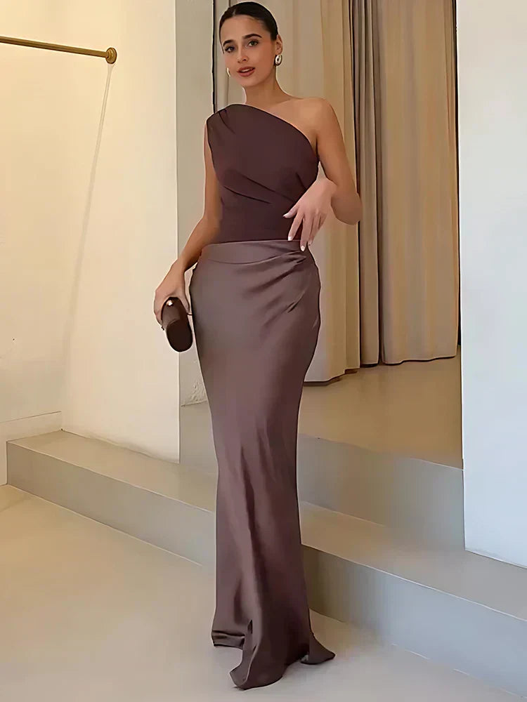 One-Shoulder Ruched Satin Mermaid Maxi Gown